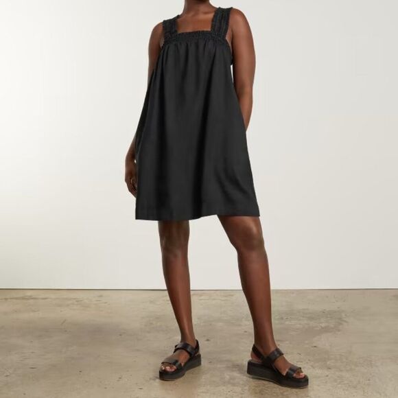 Everlane The Smocked Linen A Line Criss Crossed Shoulder Mini Dress Black S - Picture 1 of 10